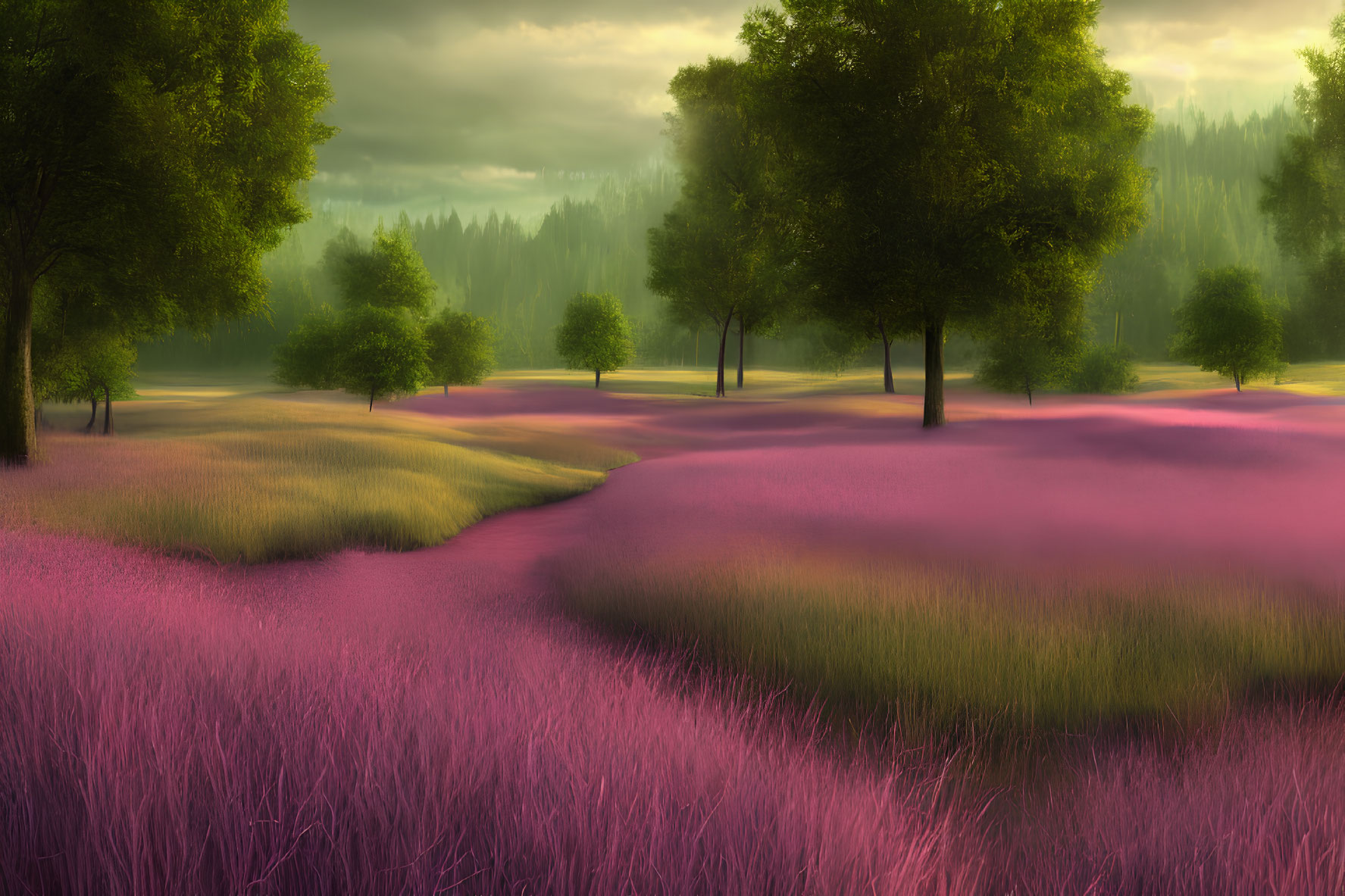 Tranquil landscape with lush trees and vibrant purple grass