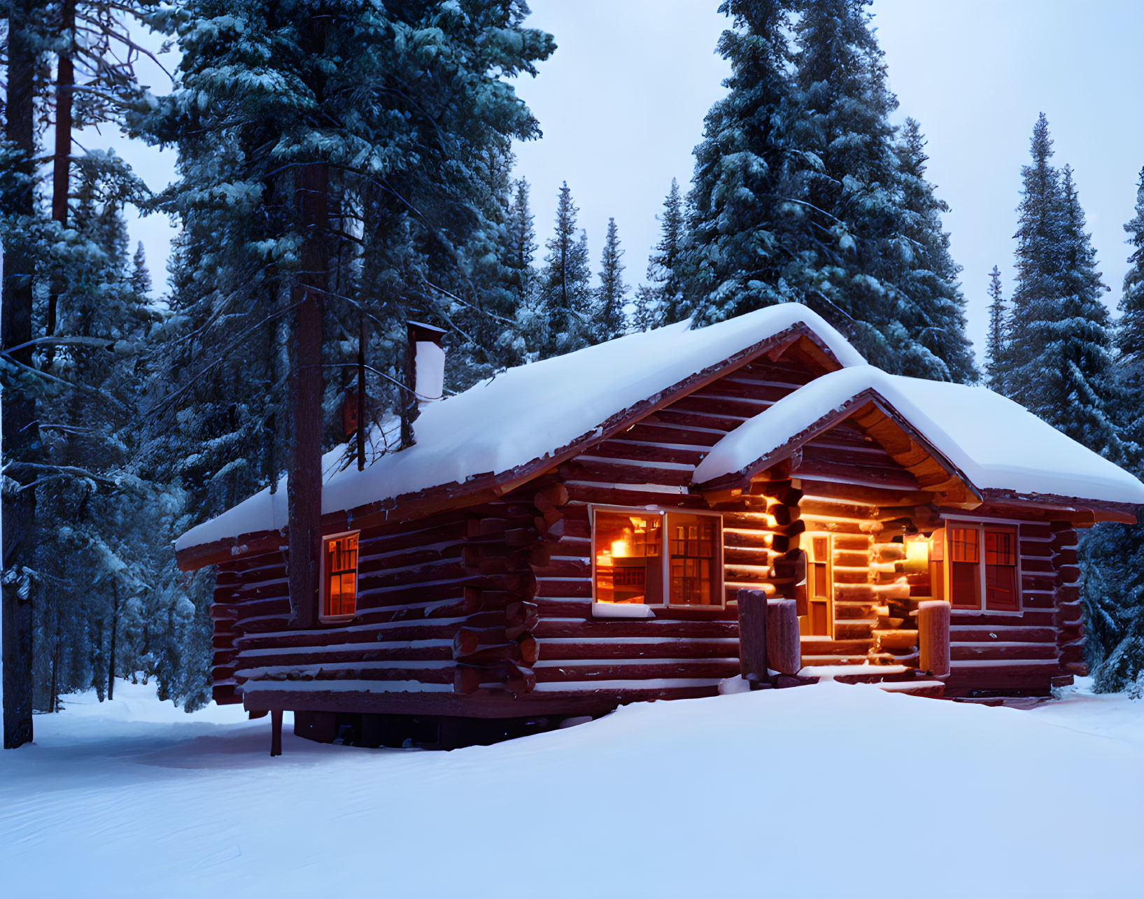 Snow-covered log cabin surrounded by glowing windows in twilight