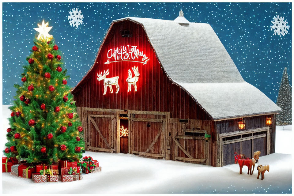 Snow-covered barn with "Merry Christmas" decorations and reindeer motifs, Christmas tree, gifts,