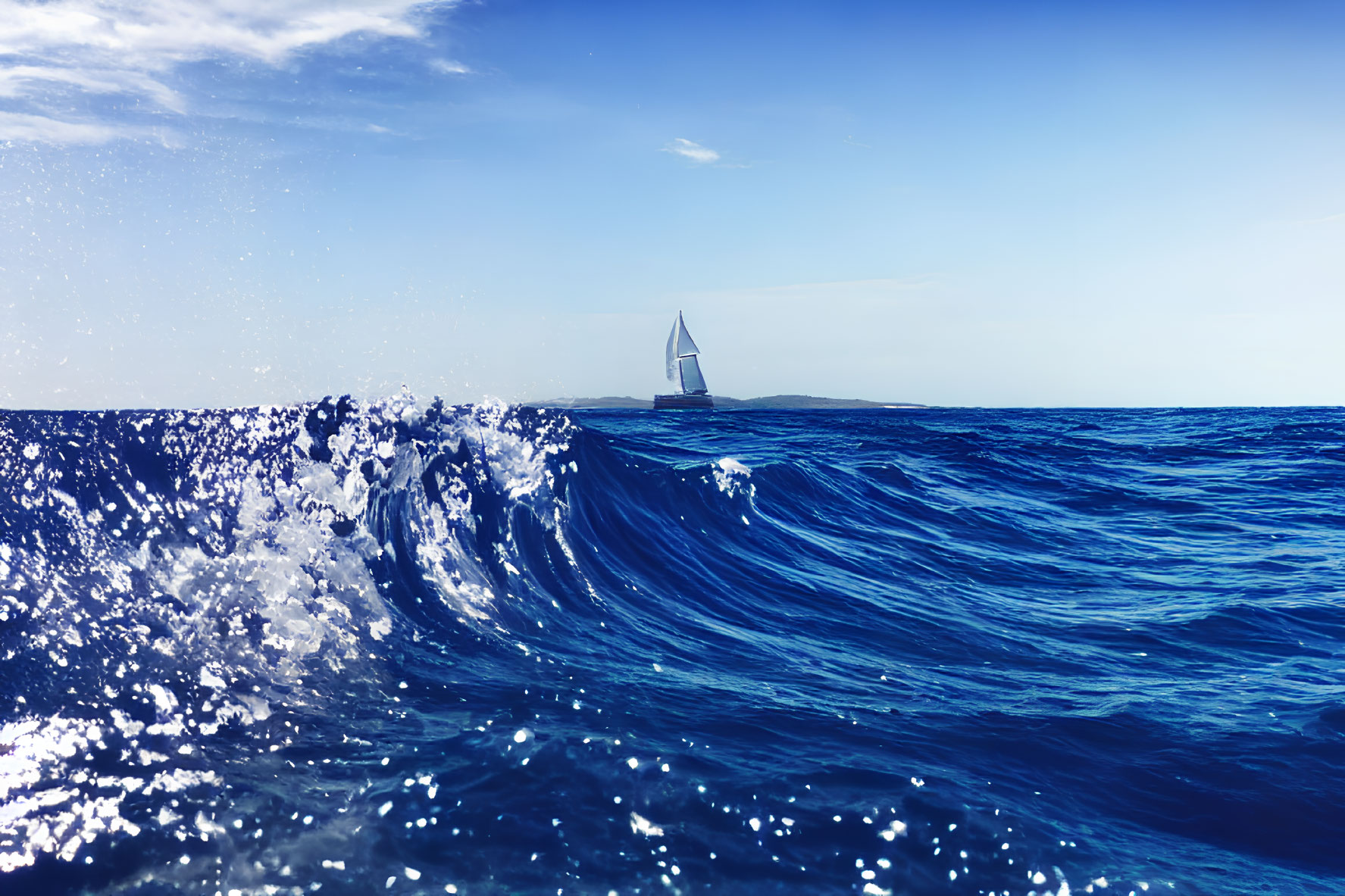 Sailboat sailing on vibrant blue ocean waves