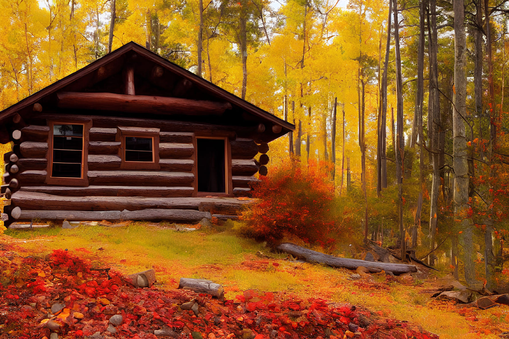 Rustic log cabin in autumn forest with vibrant foliage