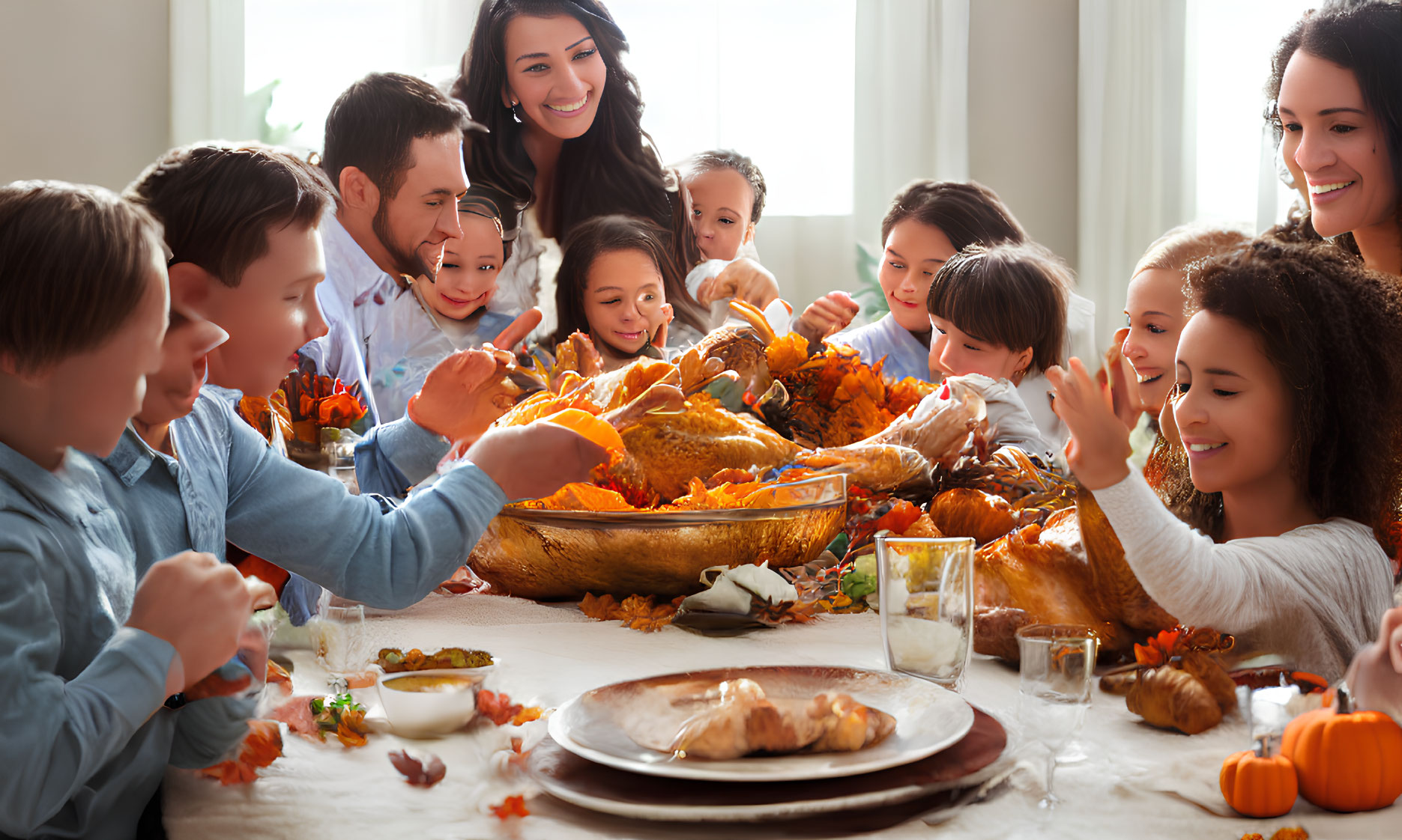 Family Thanksgiving dinner with golden-brown turkey and autumn decorations