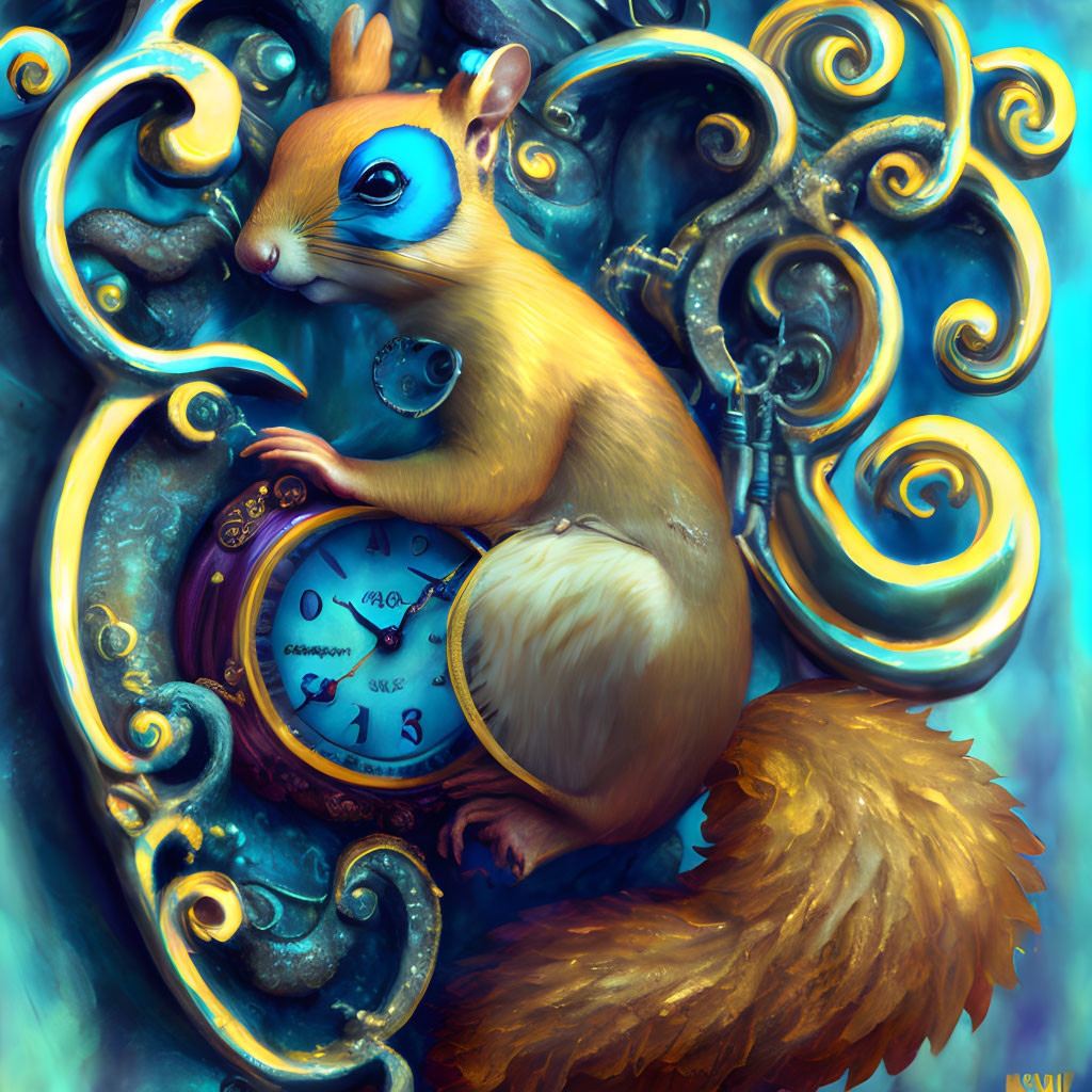 Golden squirrel illustration with blue eye markings and pocket watch