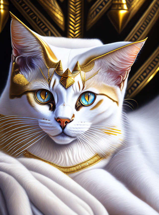 White Cat with Egyptian-Style Headdress and Blue Eyes