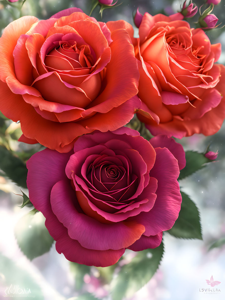 Deep Pink and Red Roses on Dreamy Bokeh Background