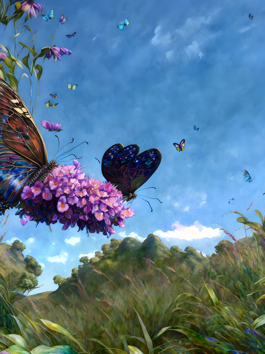 Vibrant butterflies on purple flowers under sunny skies