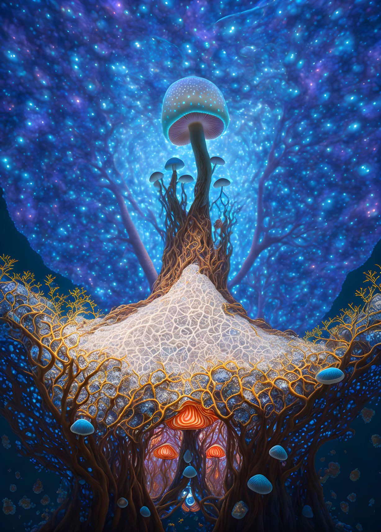 Enchanted tree with large mushroom cap in starry night scene