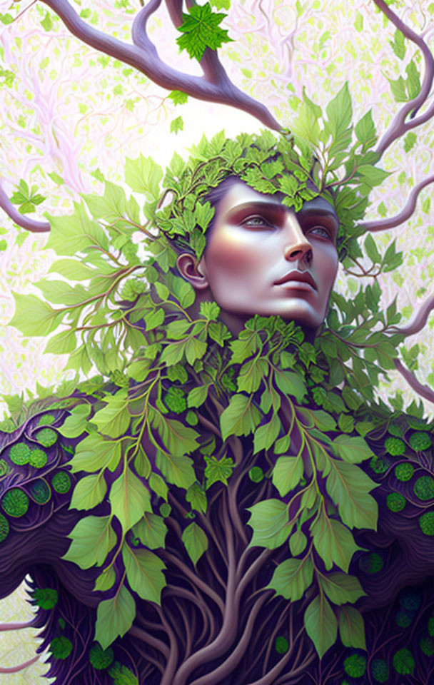 Illustration of person with leafy crown surrounded by green foliage on floral backdrop