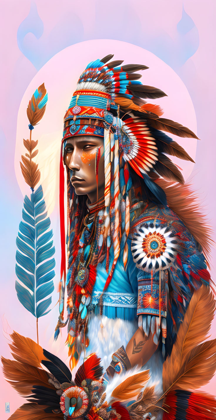 Native American figure in feather headdress and beadwork on pastel background