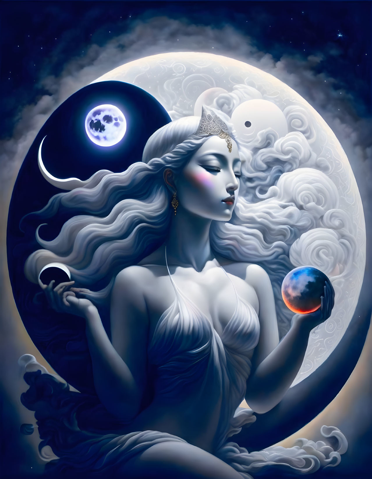 Celestial woman meditating with glowing orb, yin-yang symbol, moon, and stars