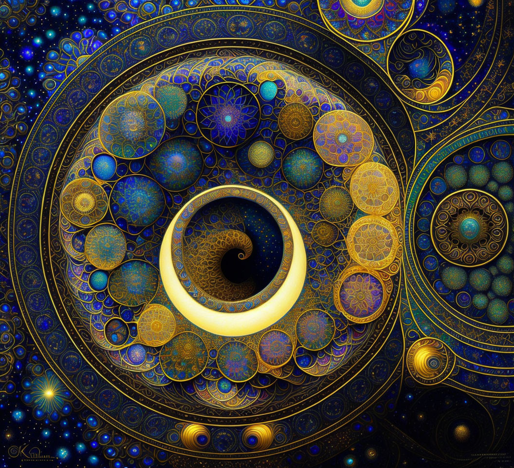 Intricate Circular Fractal Art in Blues, Golds, and Blacks