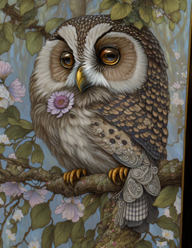 Detailed owl illustration perched on branch with pink blossoms and intense yellow eyes