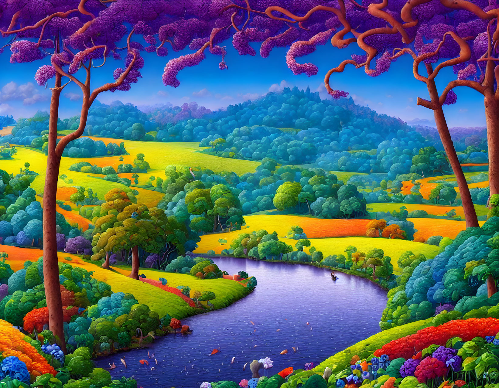 Colorful Fantastical Landscape with River, Swans, and Bright Sky