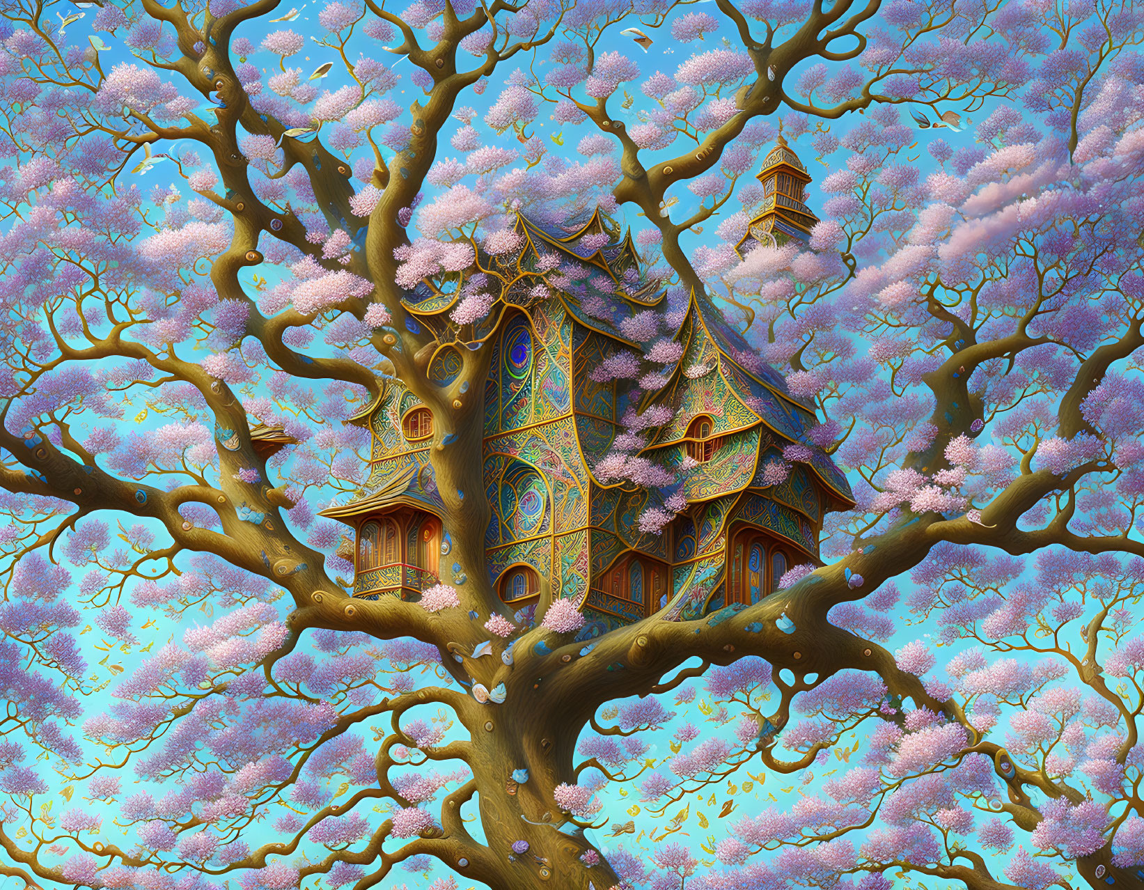 Whimsical treehouse with pink blossoms under blue sky