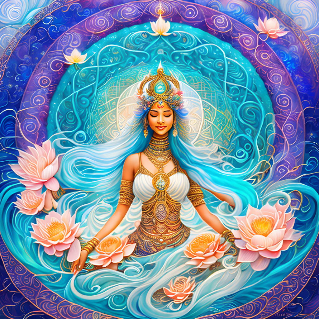 Vibrant illustration of serene goddess with intricate jewelry surrounded by lotus flowers