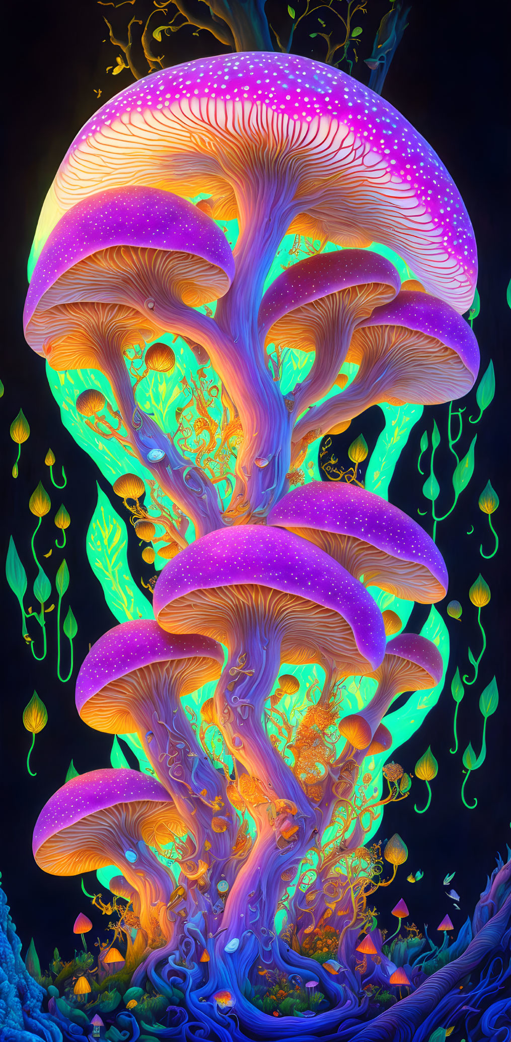 Colorful tree-shaped jellyfish illustration on dark background with glowing tiers and symbols