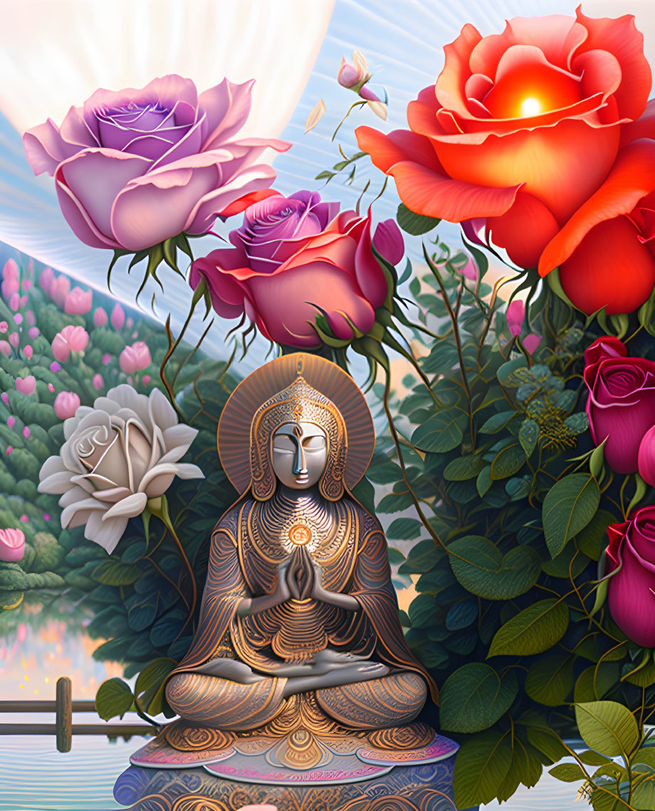 Golden Buddha statue meditating with vibrant roses, tranquil lake, and hillside