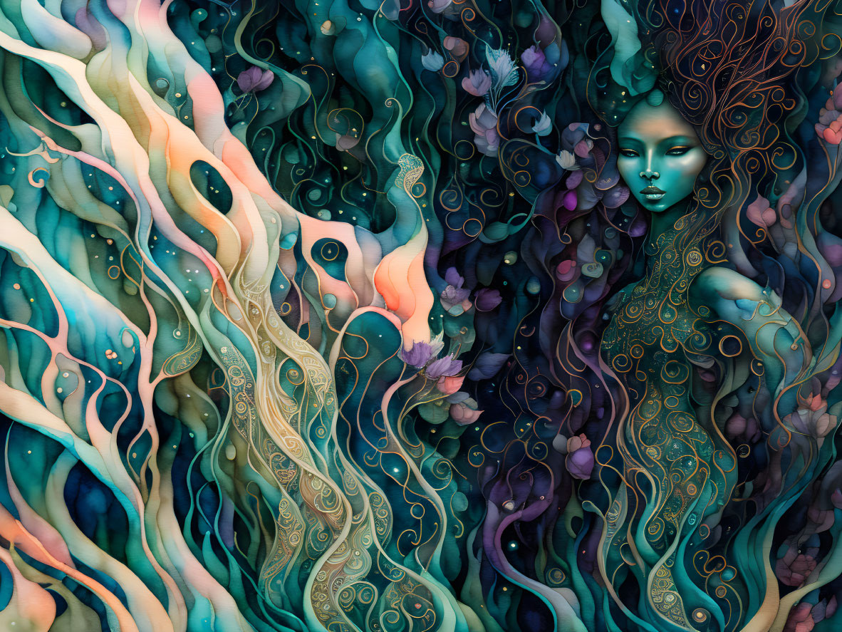 Surreal female figure with blue skin in vibrant, floral background