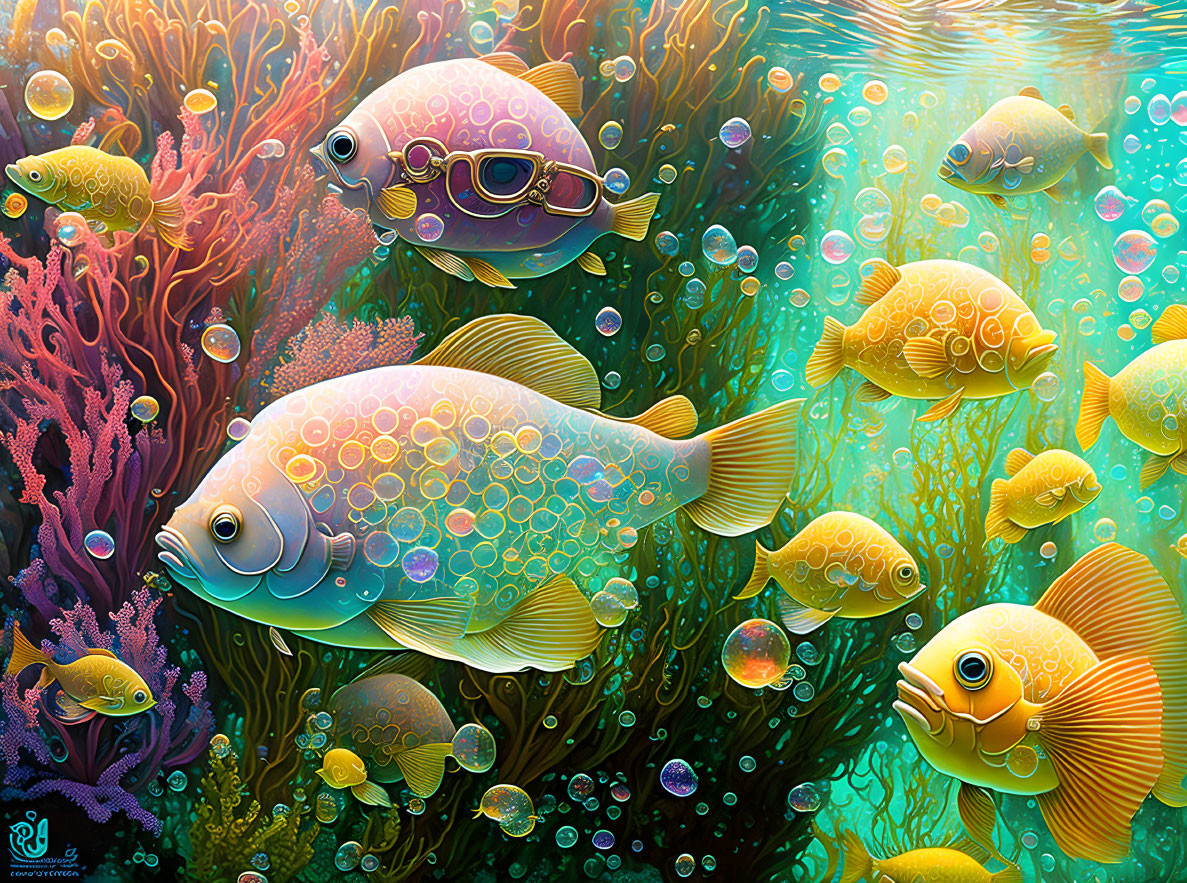 Vibrant fish and coral reef scene in underwater illustration