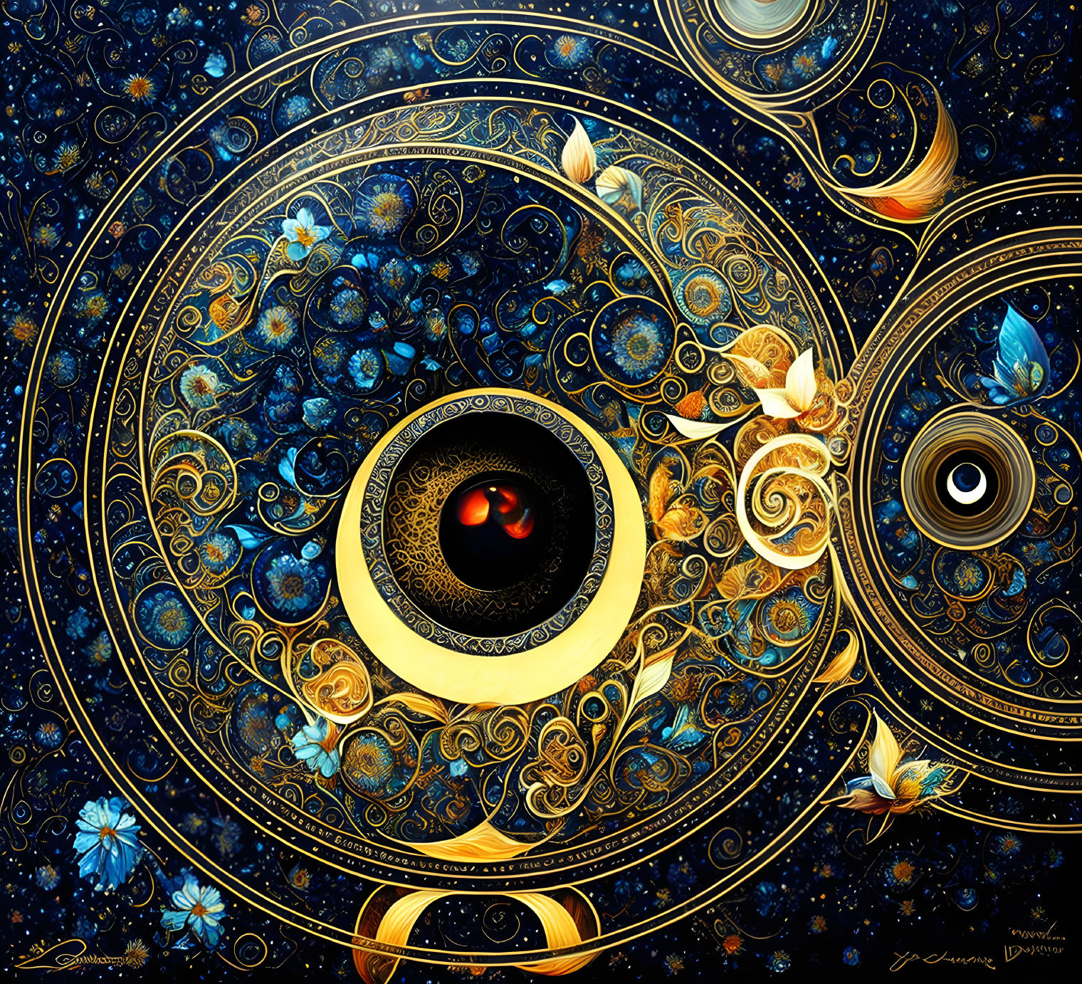 Cosmic-eye motif with swirling patterns in blue and gold