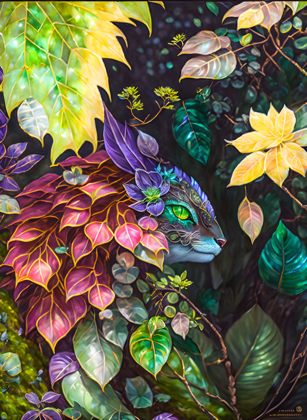 Colorful Camouflage Cat with Green Eyes Among Detailed Leaves