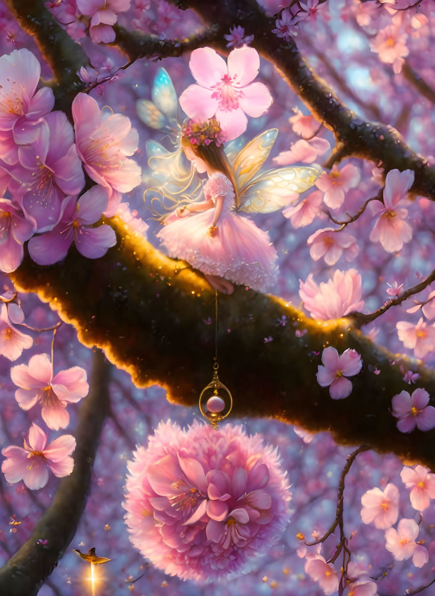 Whimsical fairy illustration with delicate wings on cherry blossom branch