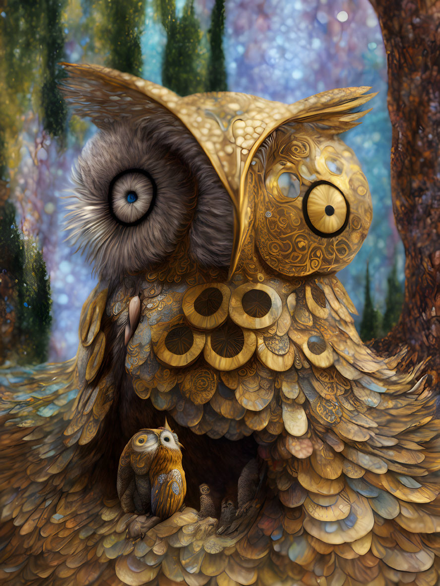 Illustration of stylized owl with golden patterns sheltering smaller owl in enchanted forest