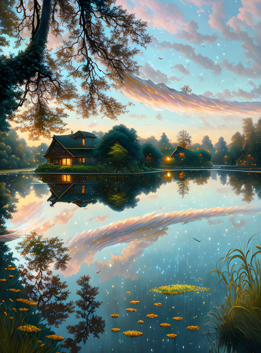 Tranquil lakeside sunset with cottage, reflective water, tree, vibrant clouds