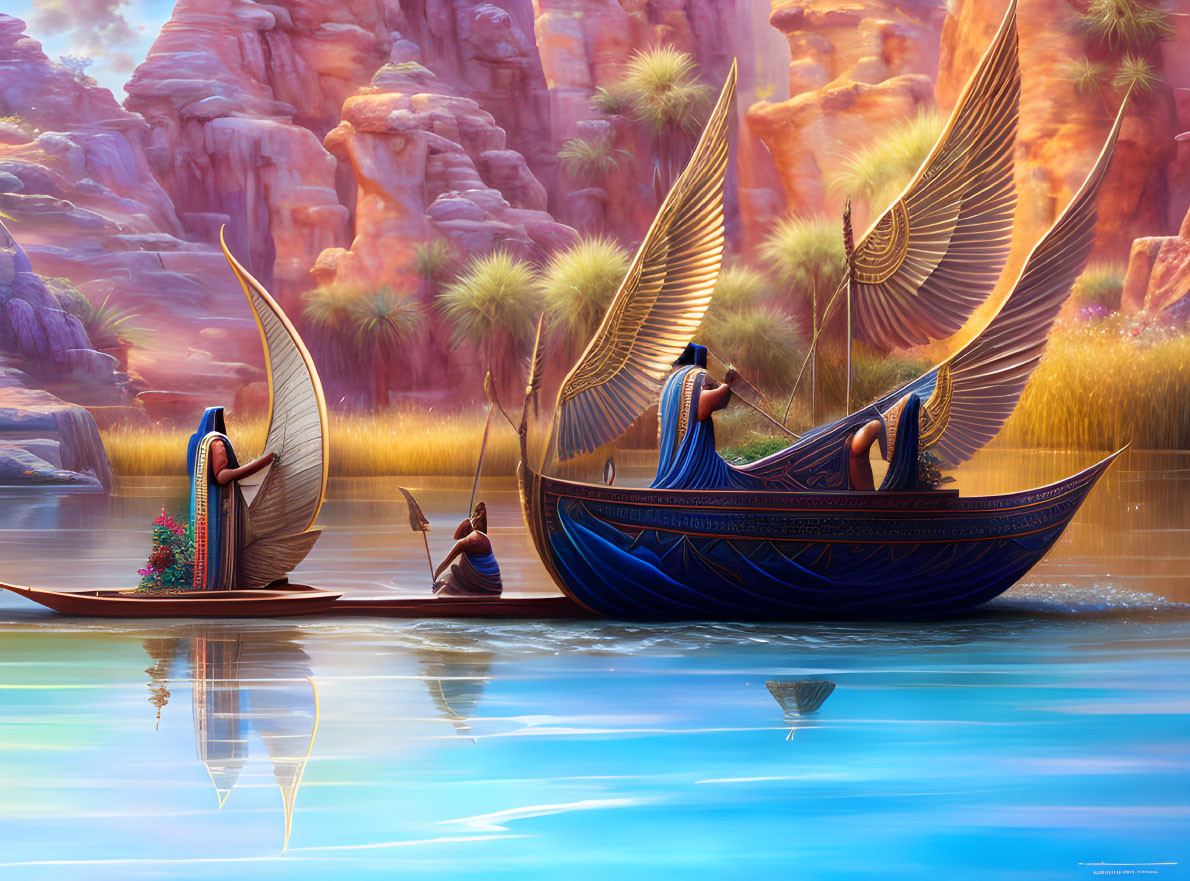 Ancient Egyptian boats with winged designs on calm waters