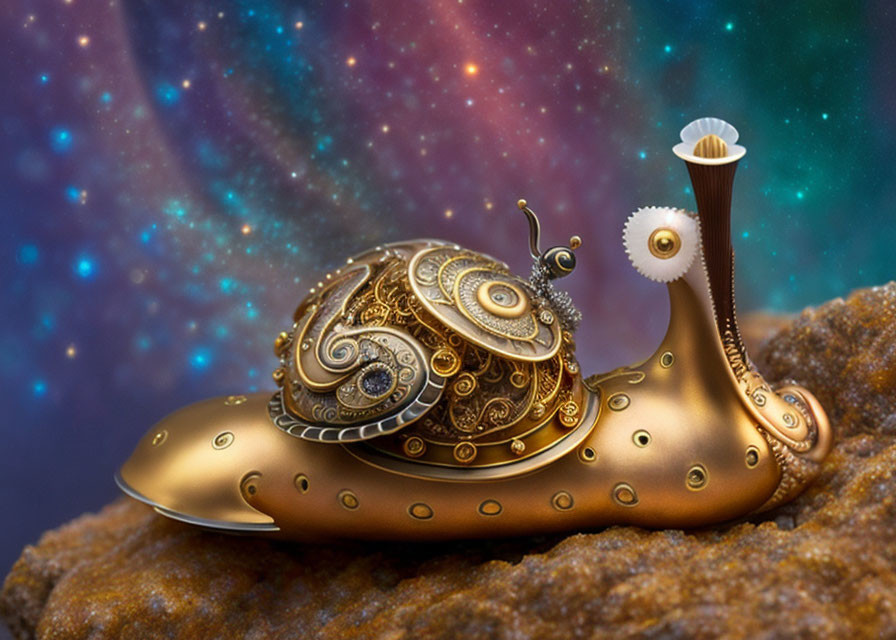 Steampunk-style snail against cosmic starfield