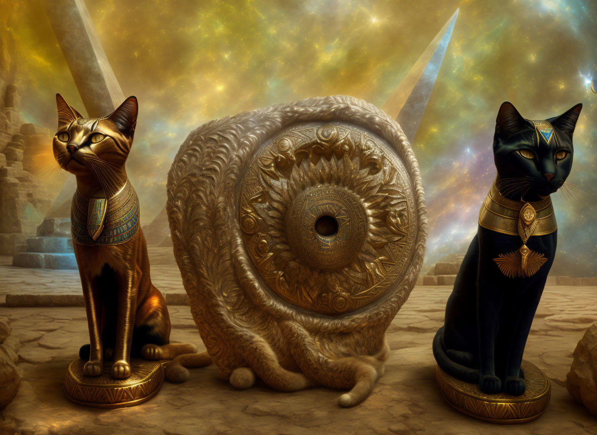 Ornate Egyptian Cat Statues with Sheep and Pyramids on Cosmic Background