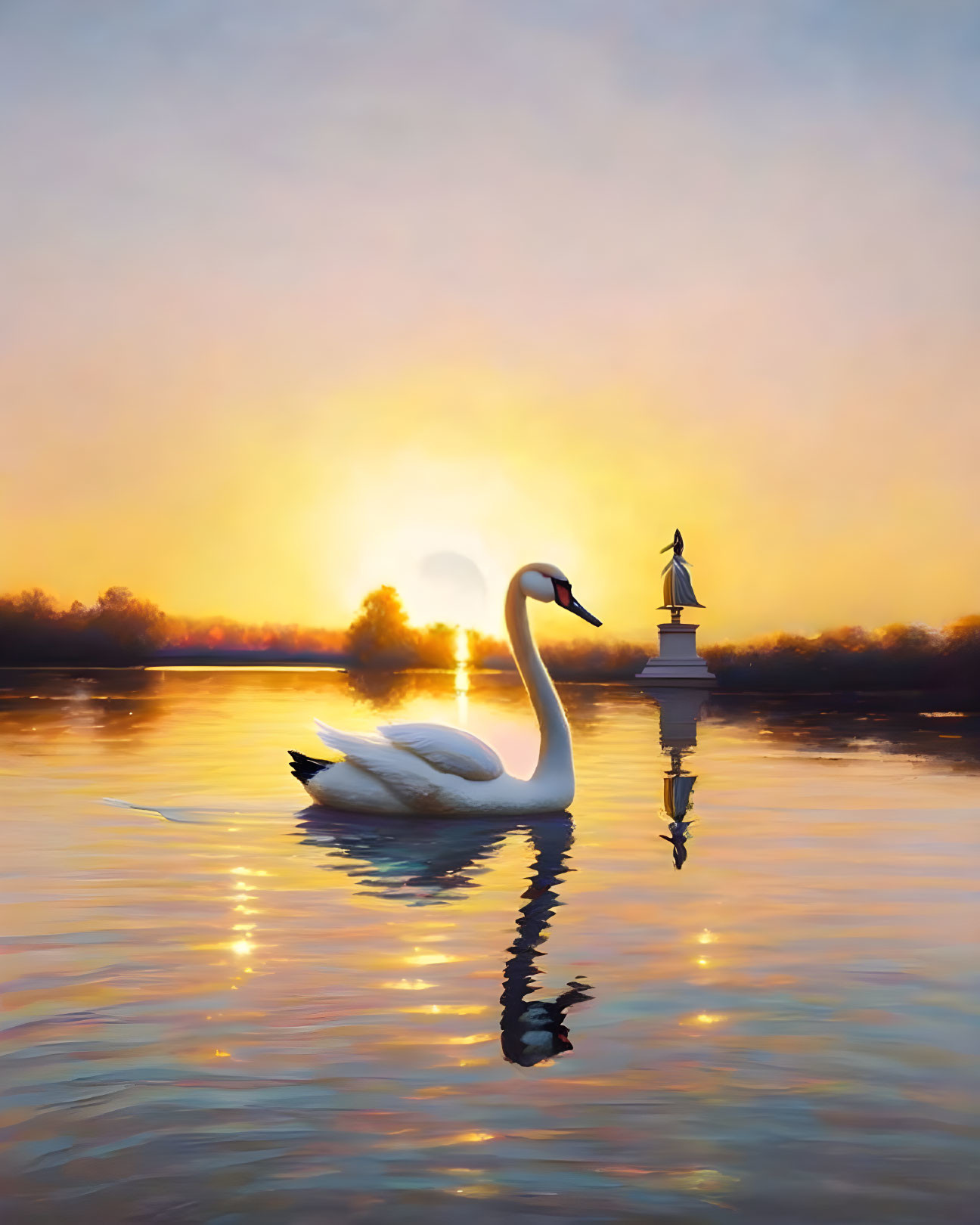 Swan floating on calm lake with sunset hues and statue in background