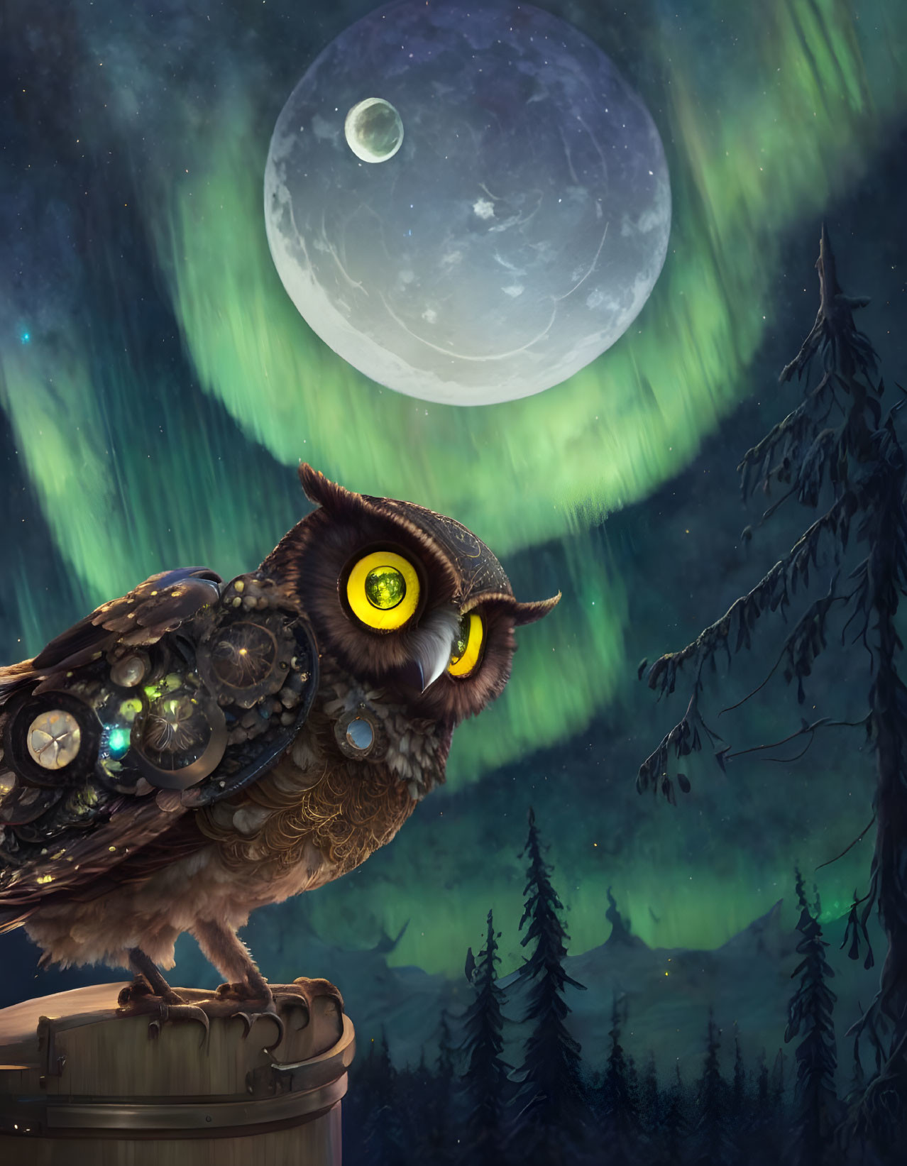 Illustrated owl on barrel under night sky with aurora borealis & full moon