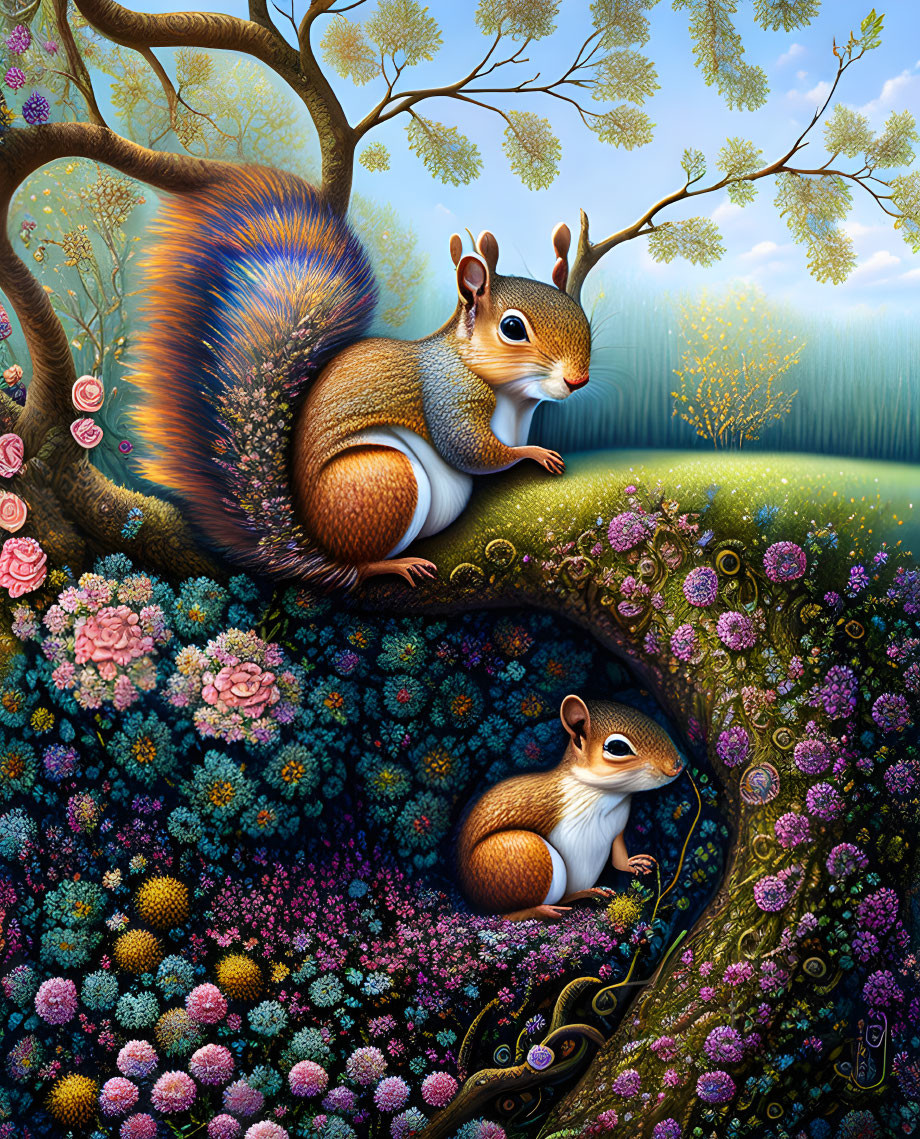 Colorful digital illustration: Two squirrels in fantastical forest