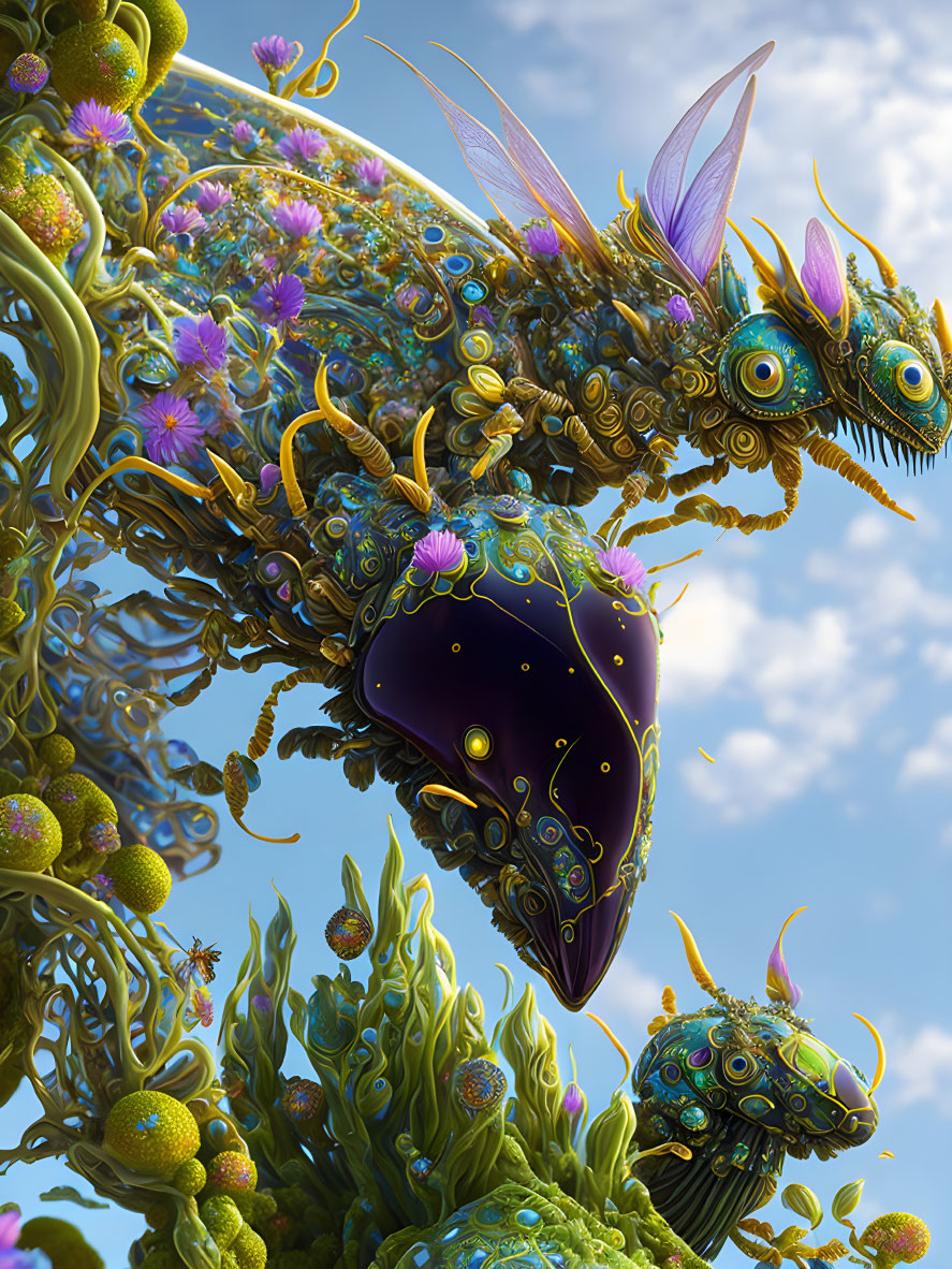 Intricate Mechanical Dragons with Floral Elements on Blue Sky