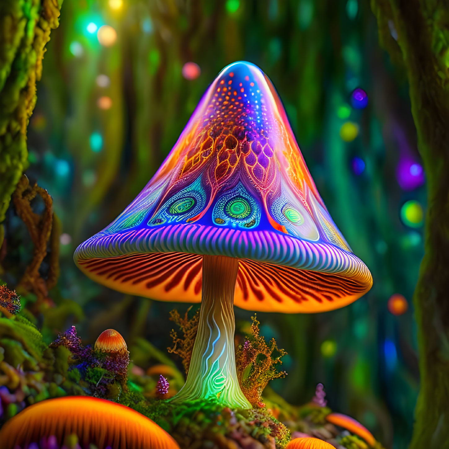 Colorful Psychedelic Mushroom Illustration in Enchanted Forest