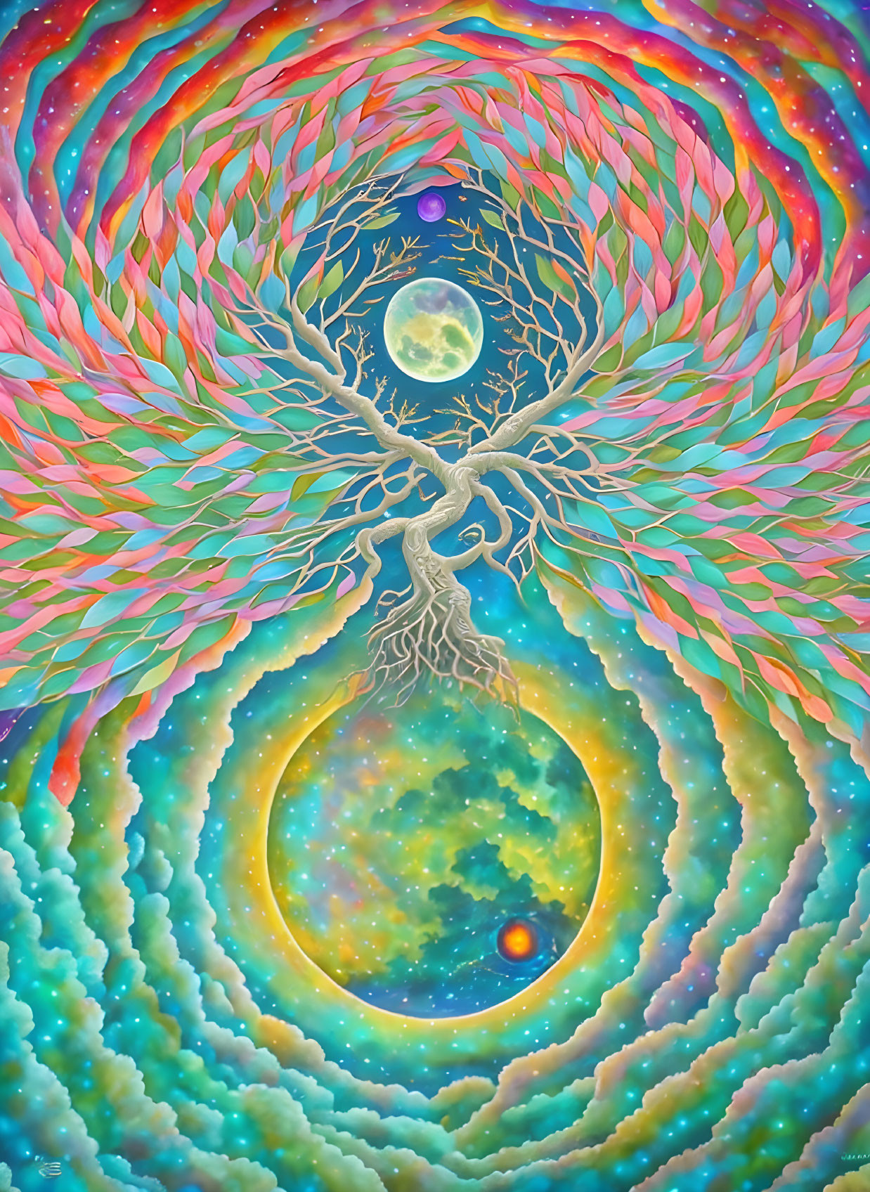 Colorful mystical artwork: central tree, cosmic backdrop, swirling patterns.