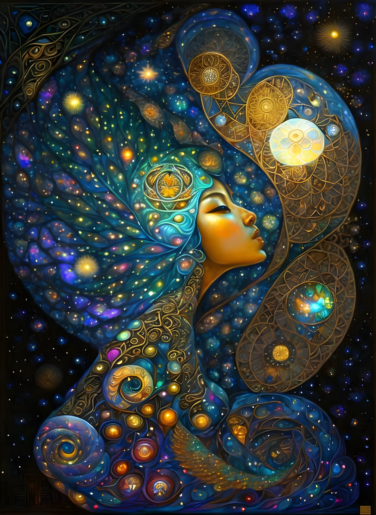 Colorful painting of woman with celestial elements on starry night sky