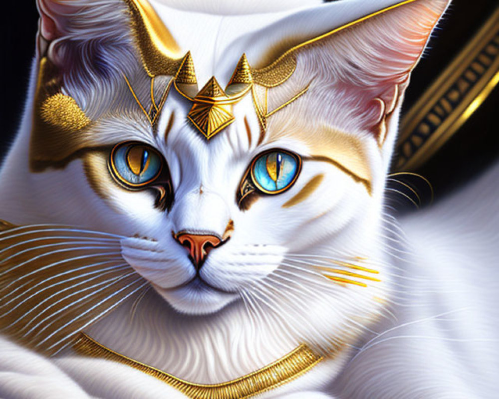 White Cat with Egyptian-Style Headdress and Blue Eyes