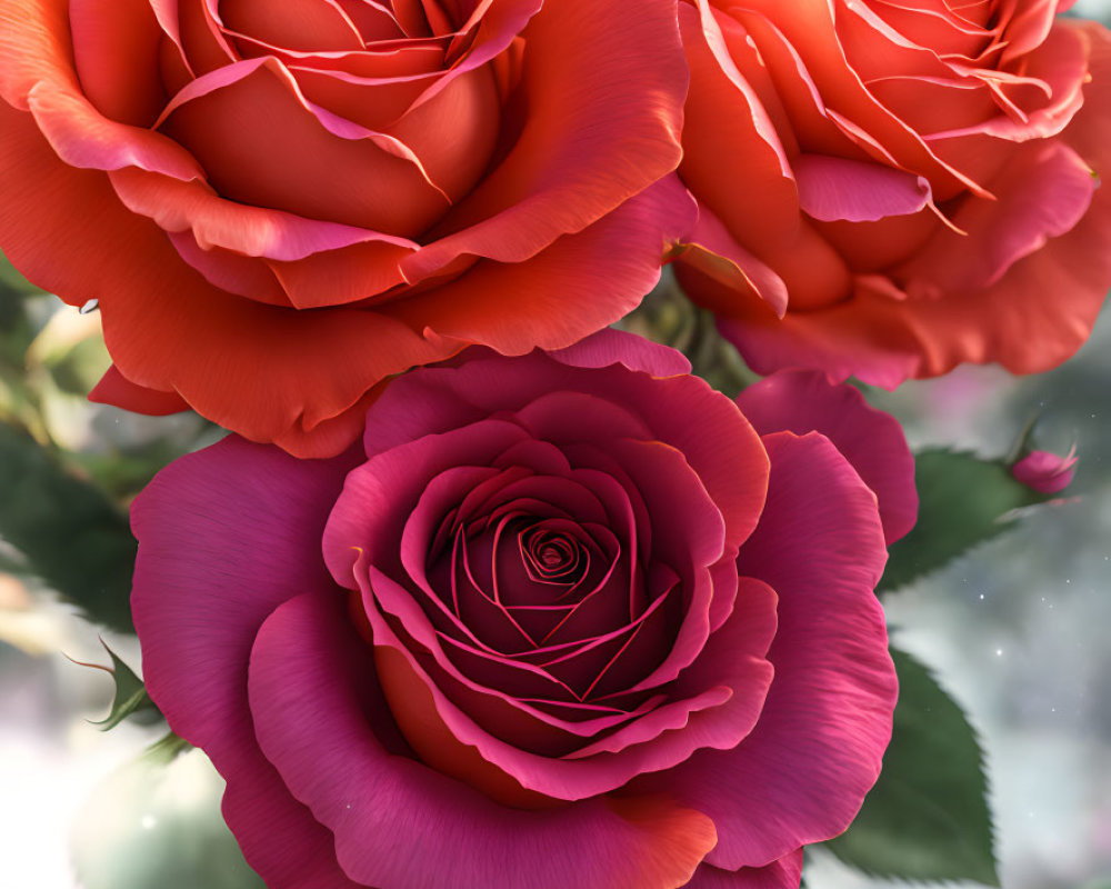 Deep Pink and Red Roses on Dreamy Bokeh Background