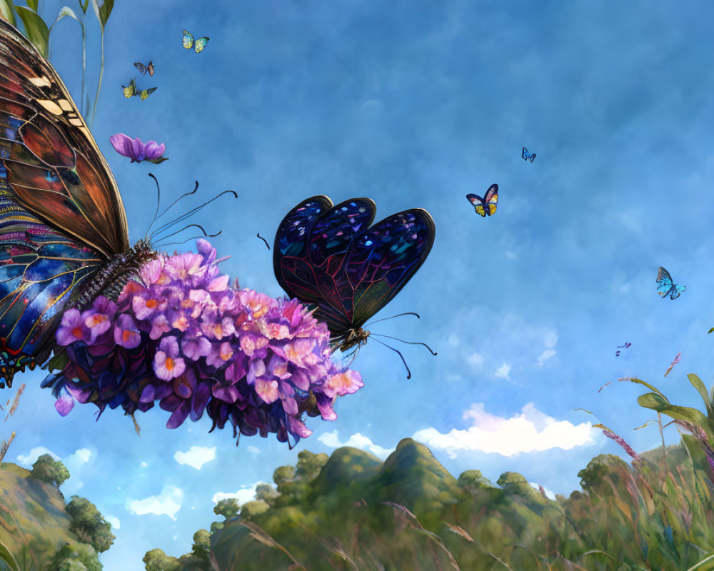 Vibrant butterflies on purple flowers under sunny skies