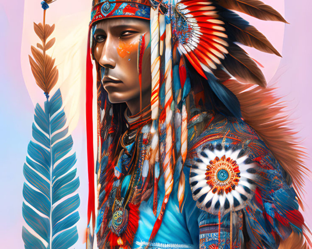 Native American figure in feather headdress and beadwork on pastel background