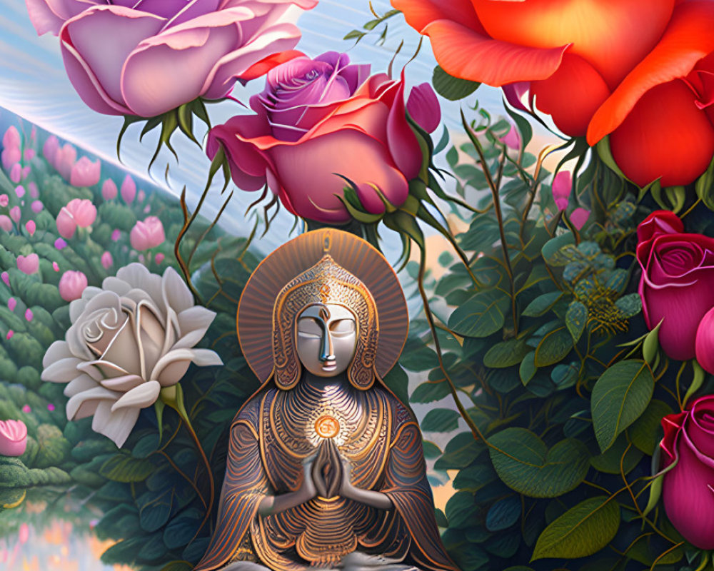 Golden Buddha statue meditating with vibrant roses, tranquil lake, and hillside