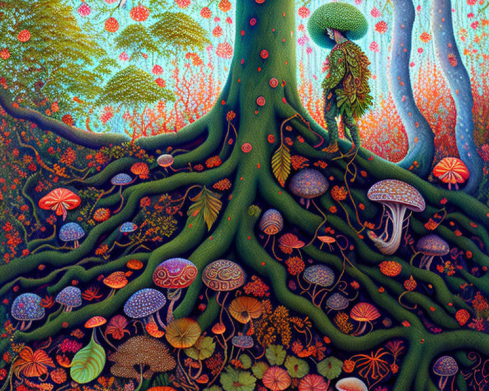 Detailed Fantasy Forest Scene with Colorful Mushrooms