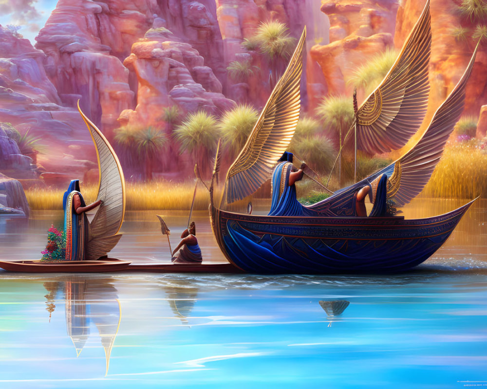 Ancient Egyptian boats with winged designs on calm waters