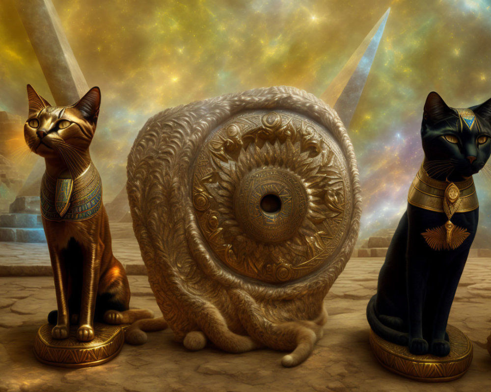 Ornate Egyptian Cat Statues with Sheep and Pyramids on Cosmic Background