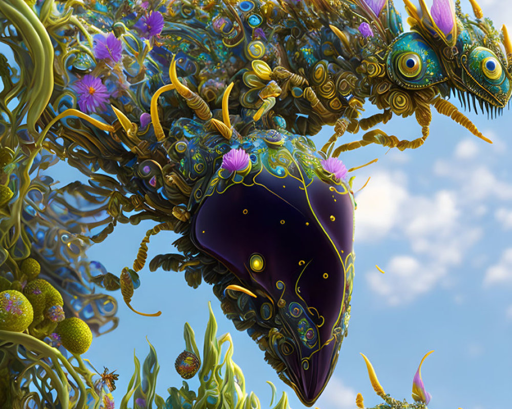 Intricate Mechanical Dragons with Floral Elements on Blue Sky