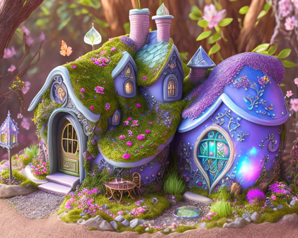 Whimsical fairytale cottage with purple and green hues in enchanted forest