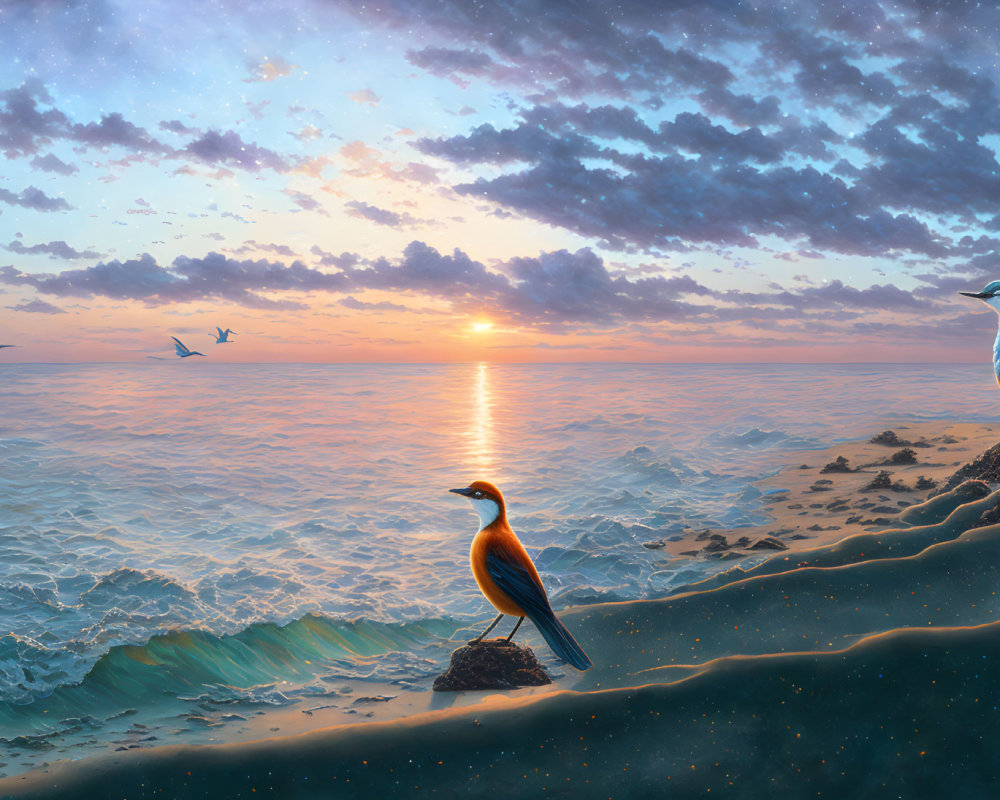 Vibrant sunset beach scene with stars, flying birds, and colorful stylized birds