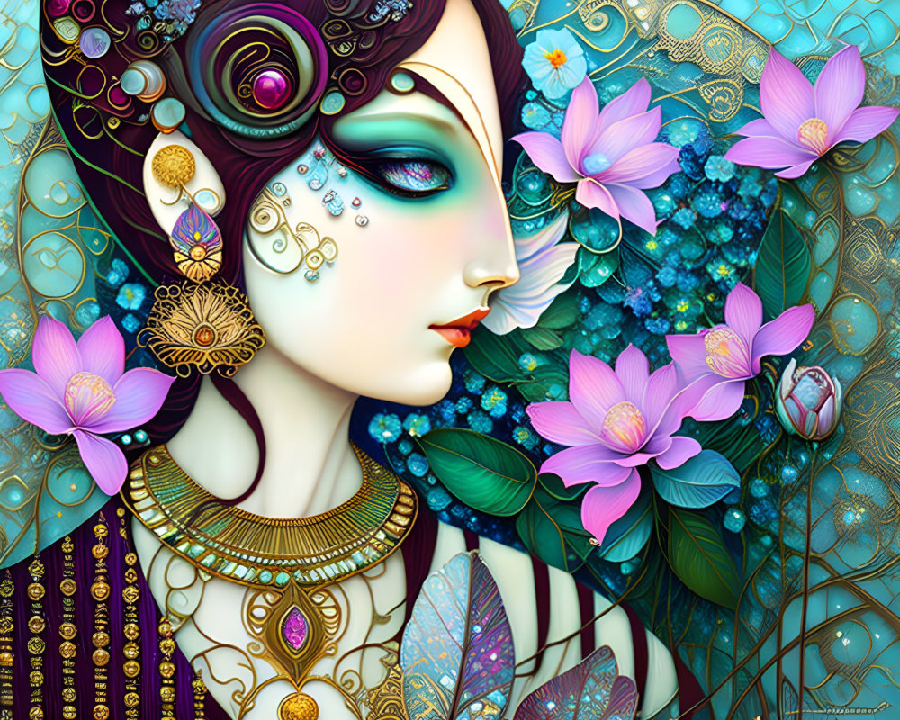 Detailed artwork of woman with stylized makeup, gold jewelry, pink lotus flowers, teal foliage